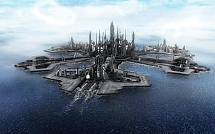 gray concrete buildings, sea, Stargate Atlantis, Stargate