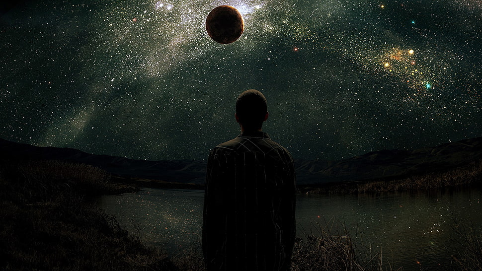 man facing on moon, stars, fantasy art, men, space art HD wallpaper