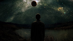 man facing on moon, stars, fantasy art, men, space art
