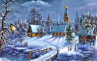 white snowy village art