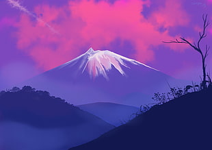 purple and white mountain painting