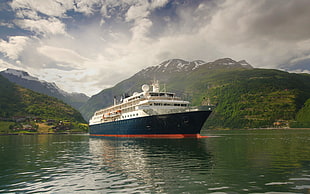 black and white cruise ship, nature, landscape, fjord, mountains