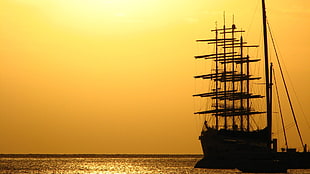 silhouette of ship, sailing ship, sky, sea, ship