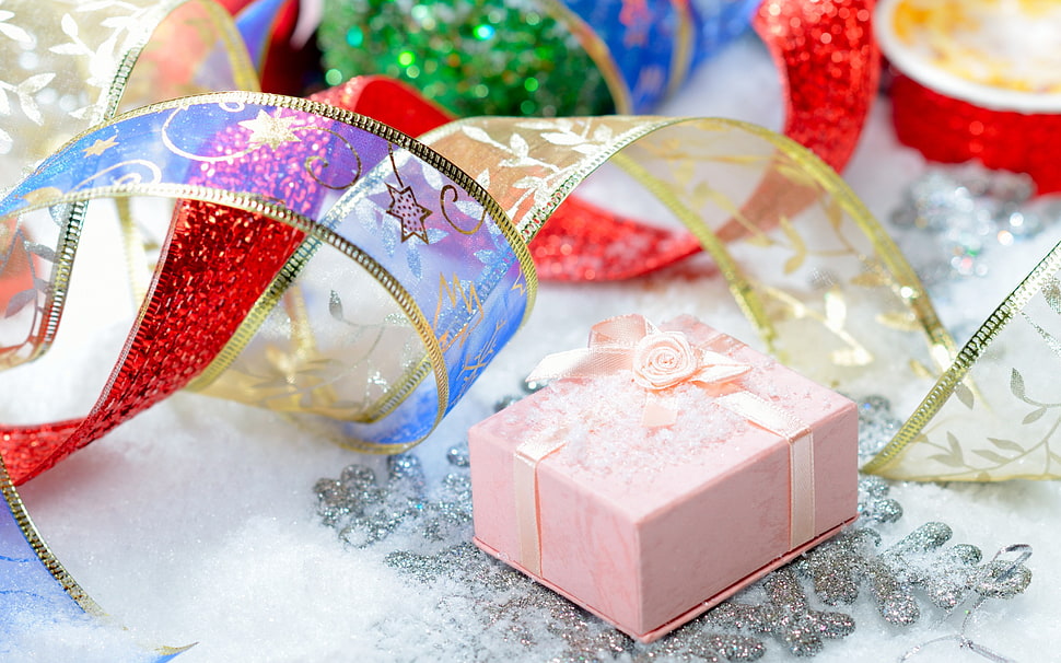square pink ribbon-accent gift box, Christmas, New Year, presents, ribbon HD wallpaper