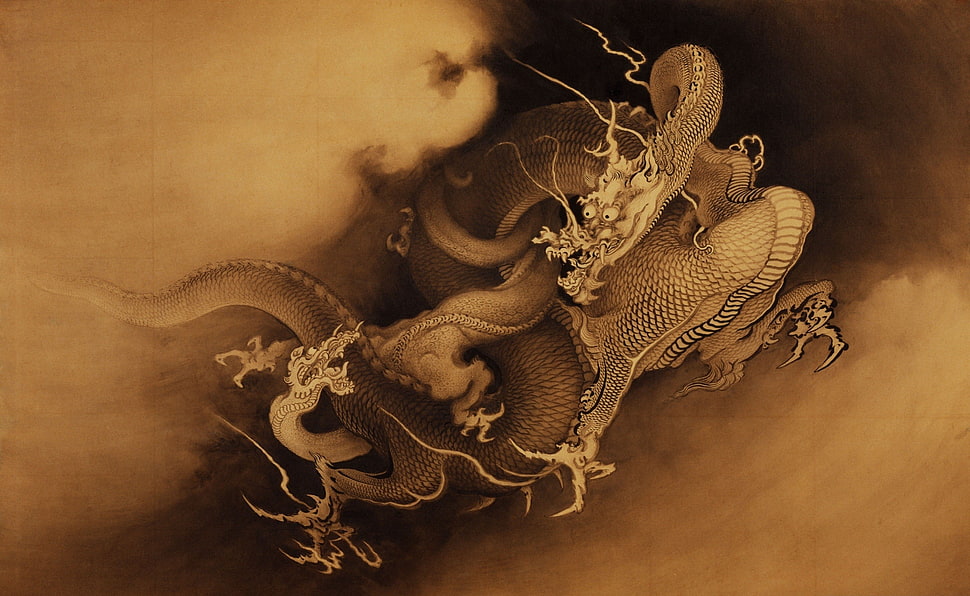 brown dragon painting, wood, dragon, Asian, Chinese HD wallpaper