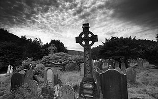 cross tombstone, monochrome, cross, Graves, graveyards