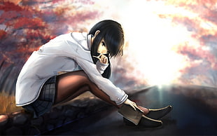 black haired female anime wearing school uniform wallpaper