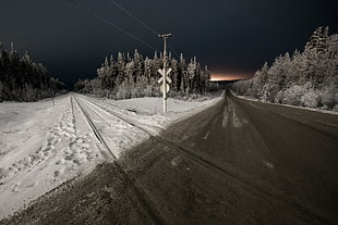gray sand, railway crossing, night, landscape, road HD wallpaper