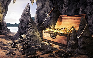 treasure chest full of gold illustration, weapon, treasure, gold, skull HD wallpaper