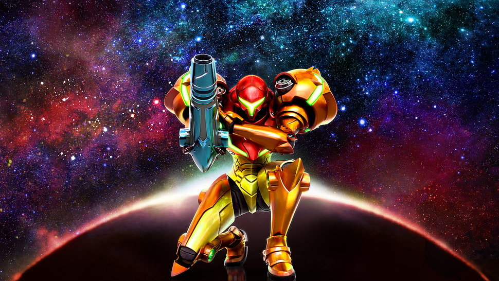 red and yellow robot kneeling while holding weapon wallpaper, Metroid, Samus Aran, Metroid: Samus Returns HD wallpaper