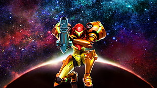 red and yellow robot kneeling while holding weapon wallpaper, Metroid, Samus Aran, Metroid: Samus Returns HD wallpaper