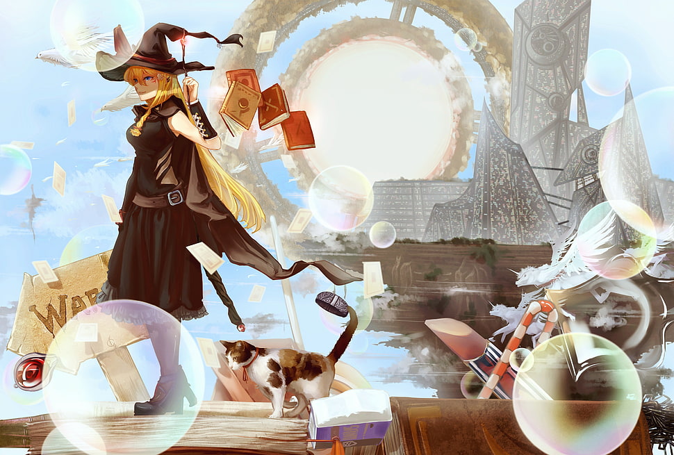 anime character illustration, cat, blonde, witch, bubbles HD wallpaper