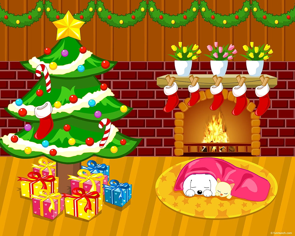 puppy and kitten sleeping on rug near fireplace and Christmas tree themed sticker HD wallpaper
