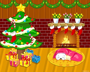 puppy and kitten sleeping on rug near fireplace and Christmas tree themed sticker