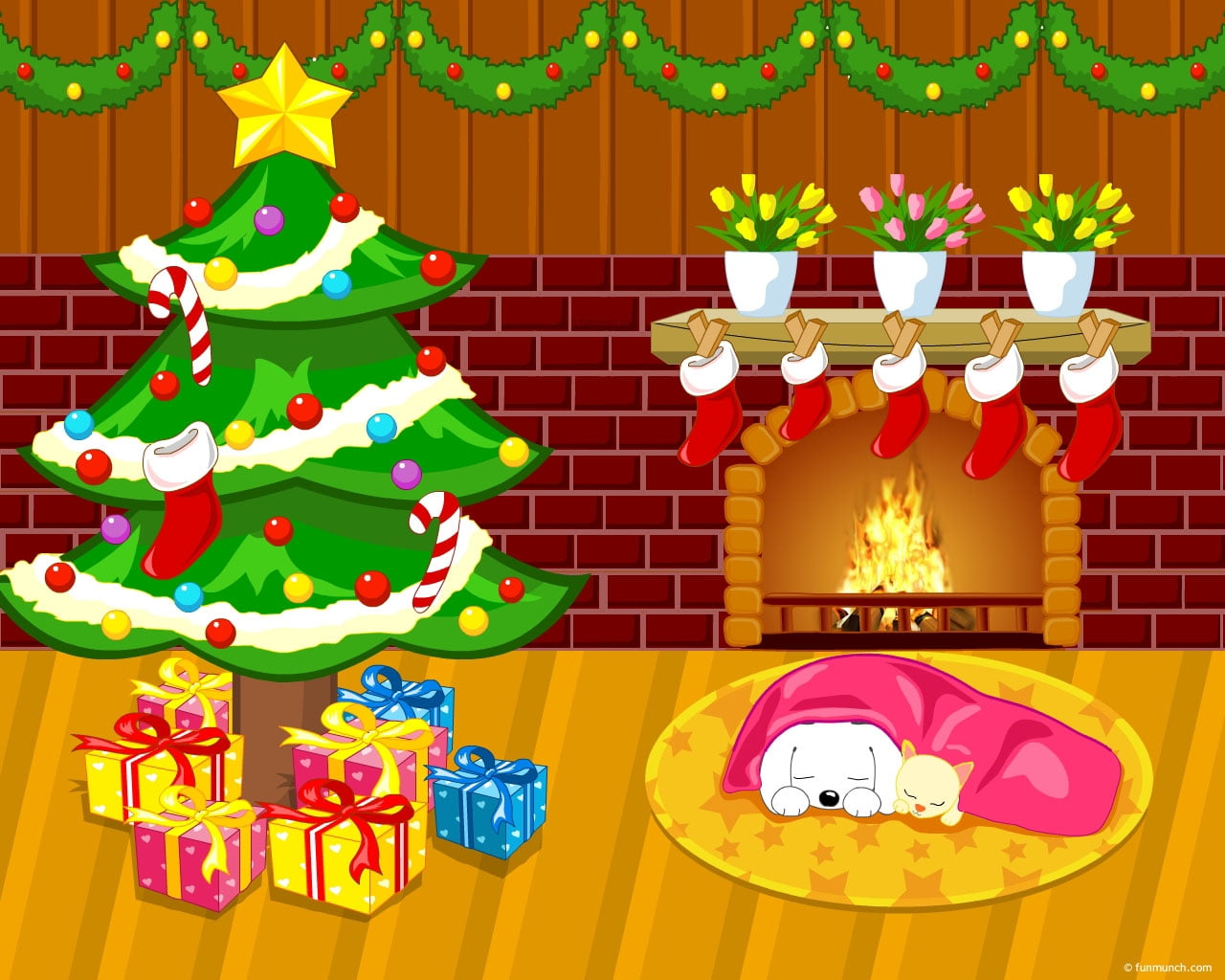 puppy and kitten sleeping on rug near fireplace and Christmas tree themed sticker