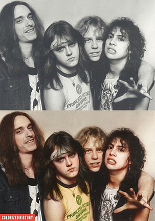 men's yellow sleeveless shirt collage, Metallica , James Hetfield, colorized photos
