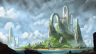 island and gray sky painting, fantasy art, fantasy city HD wallpaper