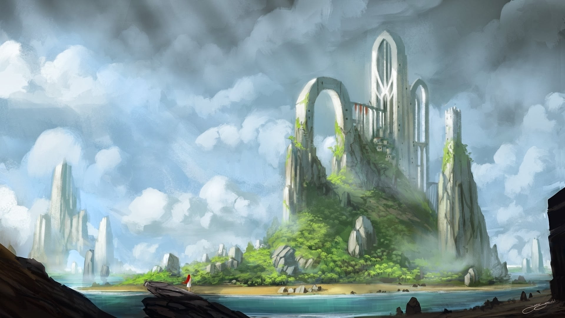 island and gray sky painting, fantasy art, fantasy city