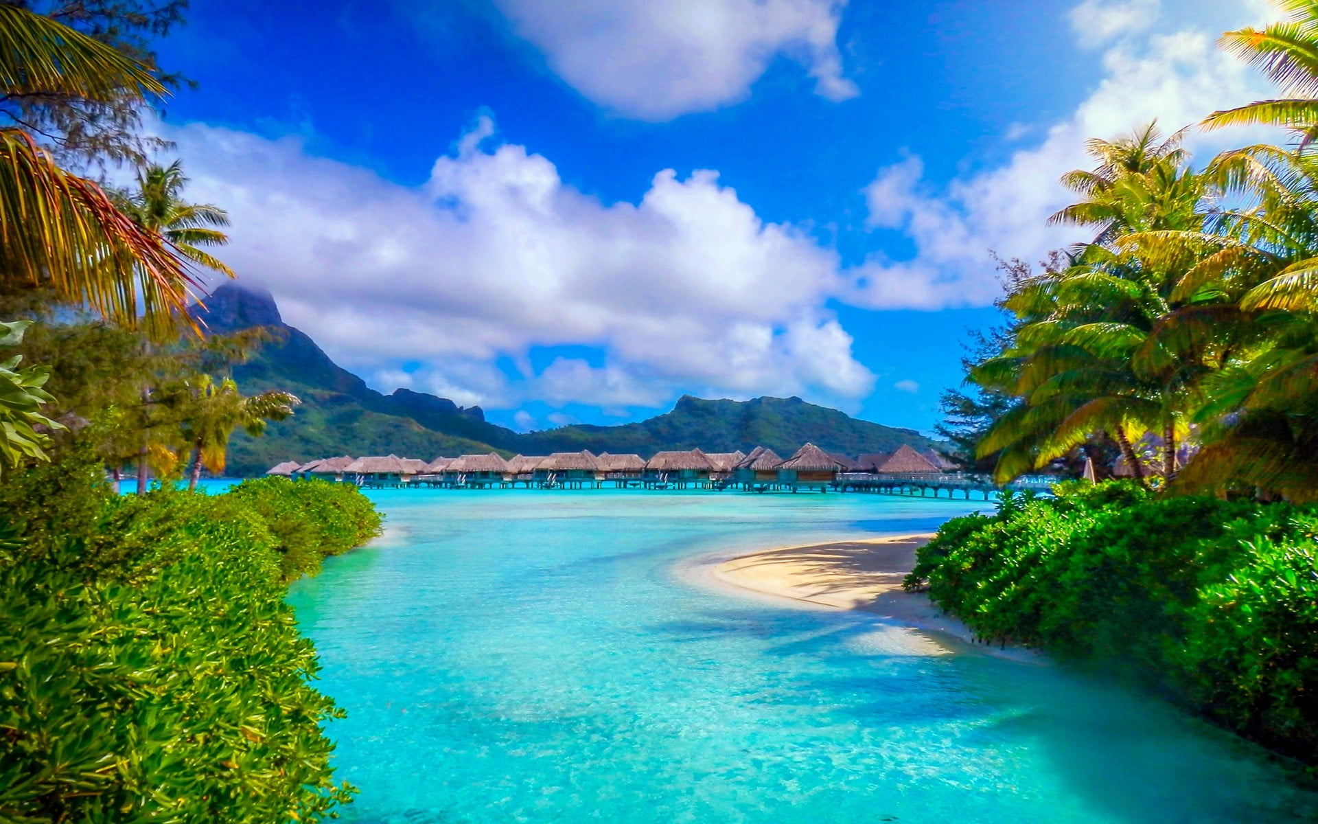 brown wooden cottages, Bora Bora, French Polynesia, nature, landscape