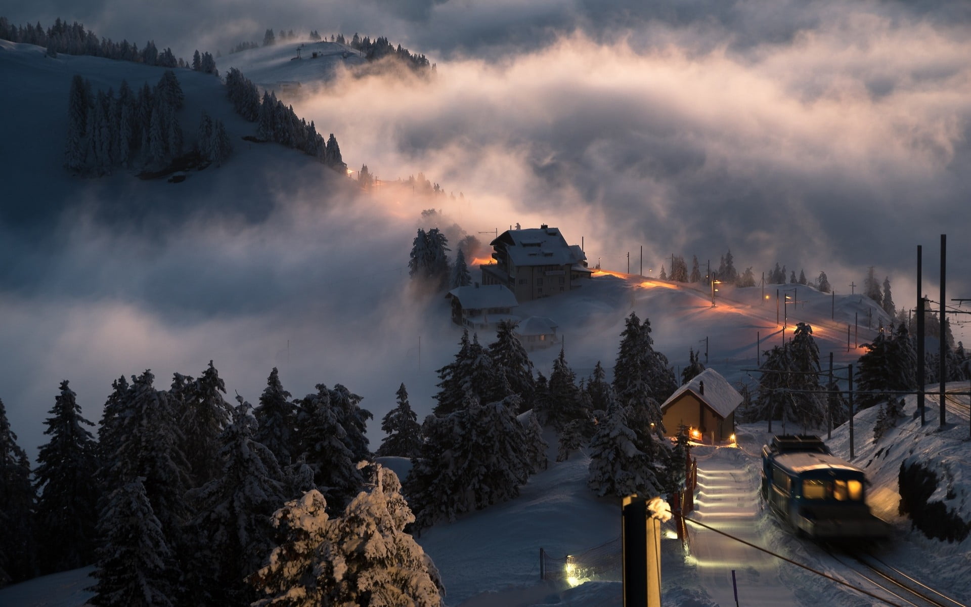 aerial view of houses, landscape, nature, Switzerland, sunset