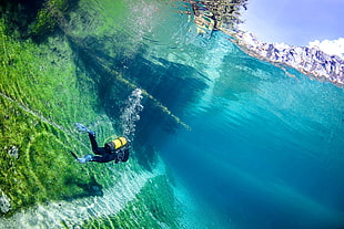 blue scuba diver gear, Grüner See, underwater, lake, divers HD wallpaper