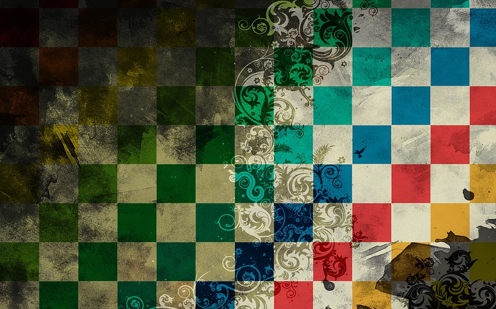 multicolored checkered floral poster HD wallpaper