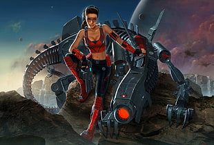 red dressed female character wallpaper, science fiction, artwork