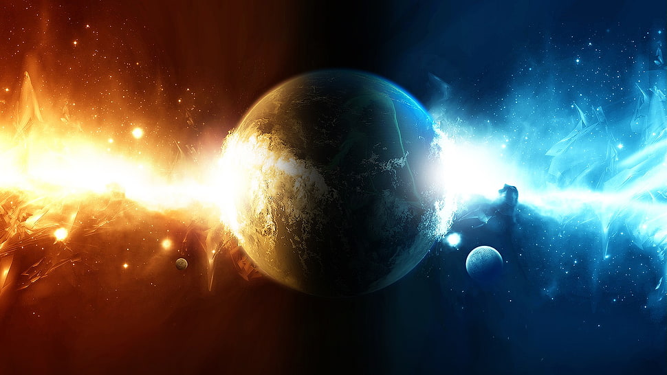 red and blue planet wallpaper, planet, space, digital art, fire HD wallpaper