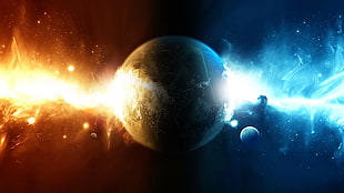 red and blue planet wallpaper, planet, space, digital art, fire