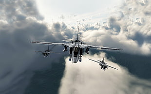 gray jet fighter, digital art, clouds, aircraft, military aircraft