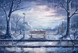 brown bench beside a railroad digital art, artwork, bench, winter, snow HD wallpaper