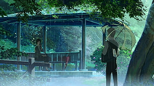 man standing under umbrella animated character HD wallpaper