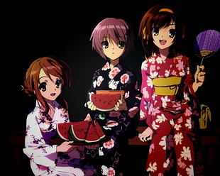 three female anime characters in floral kimono HD wallpaper