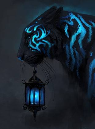 gray and blue tiger with lamp digital wallpaper, concept art, tiger, Jade Mere, animals