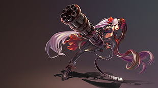 purple-haired female anime character carrying gatling gun wallpaper