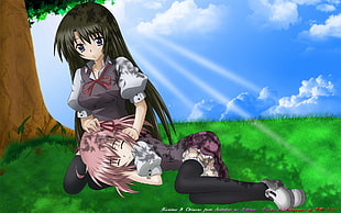 sleeping woman on black-haired anime female character lap