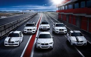 six white cars, BMW, vehicle, digital art, artwork