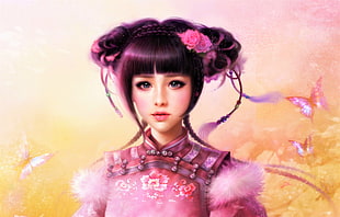 girl wearing pink and white floral armor illustration