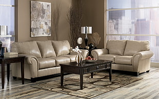 white leather couch with loveseat, interior, interior design