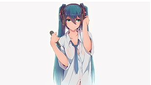girl wearing white dress shirt holding microphone anime character, Hatsune Miku, Vocaloid, twintails, blue eyes