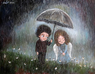 boy holding umbrella toward angel illustration, artwork, couple, emotion, rain