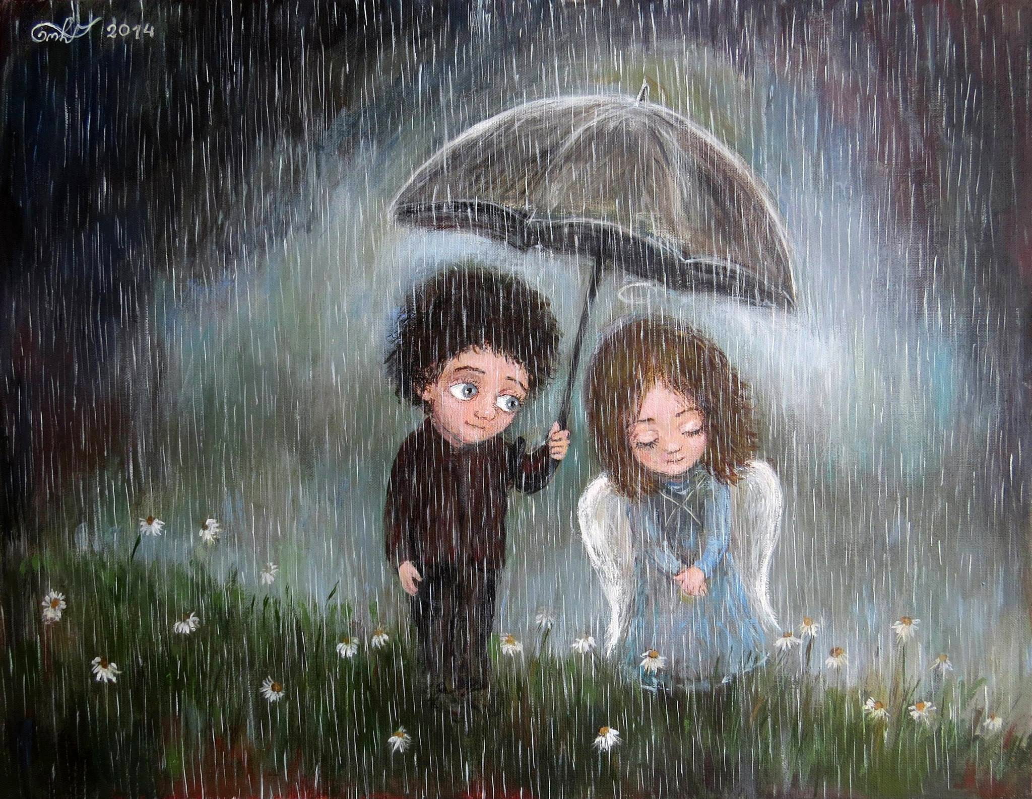 boy holding umbrella toward angel illustration, artwork, couple, emotion, r...