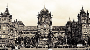 grayscale photo of cathedral, Mumbai, monochrome, old building, car