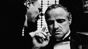 grayscale photo of two men, The Godfather, monochrome, Marlon Brando, Vito Corleone