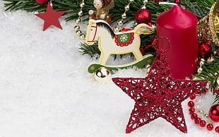 red wax candle, New Year, snow, horse, decorations