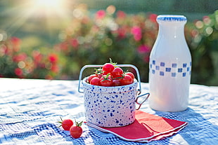 red cherry on white ceramic container near white ceramic bottle on white and blue table cloth during day time