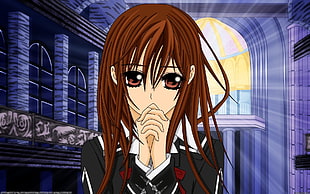 female anime character wearing black top while in praying hand gesture