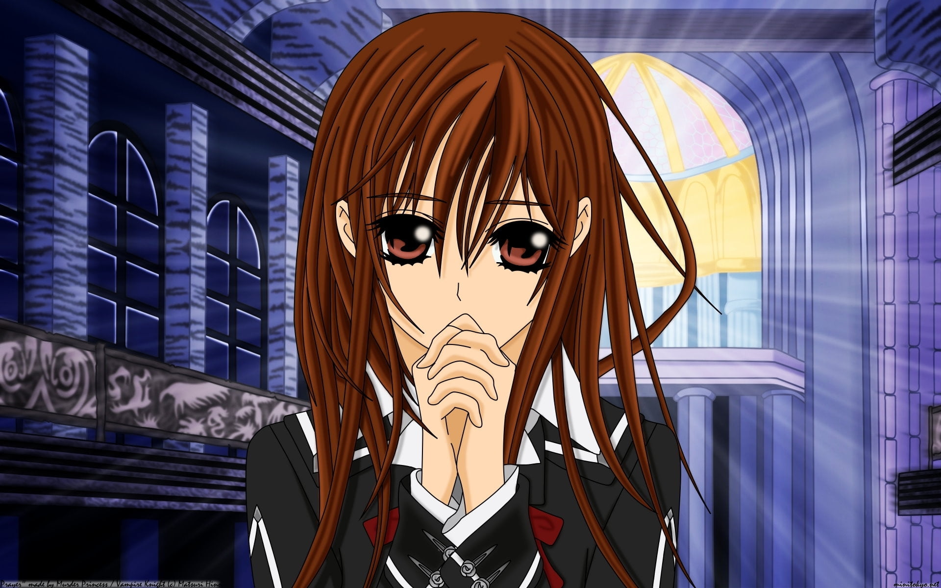 Female anime  character wearing black top while in praying 