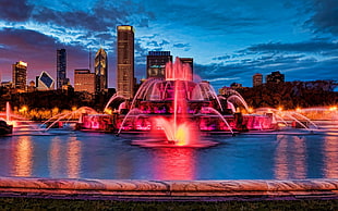 pink and black water fountain, fountain, city, skyscraper, water