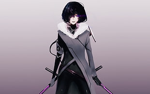 black haired female anime character digital art, sword, simple background